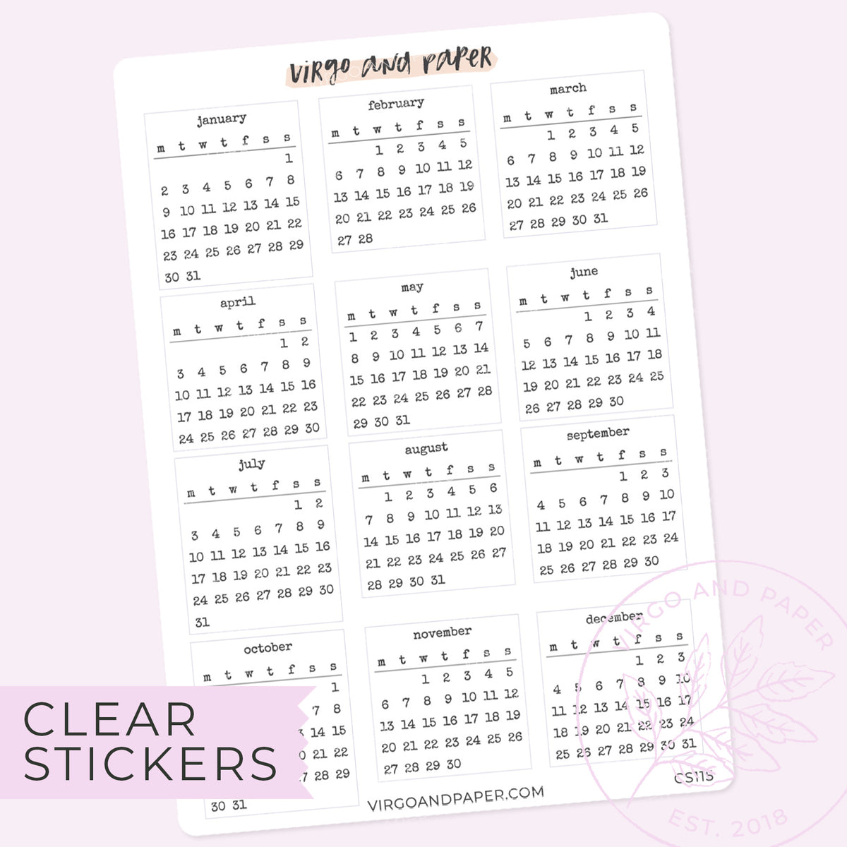 Clear Calendar Stickers Jan-Dec 2023 – Virgo and Paper