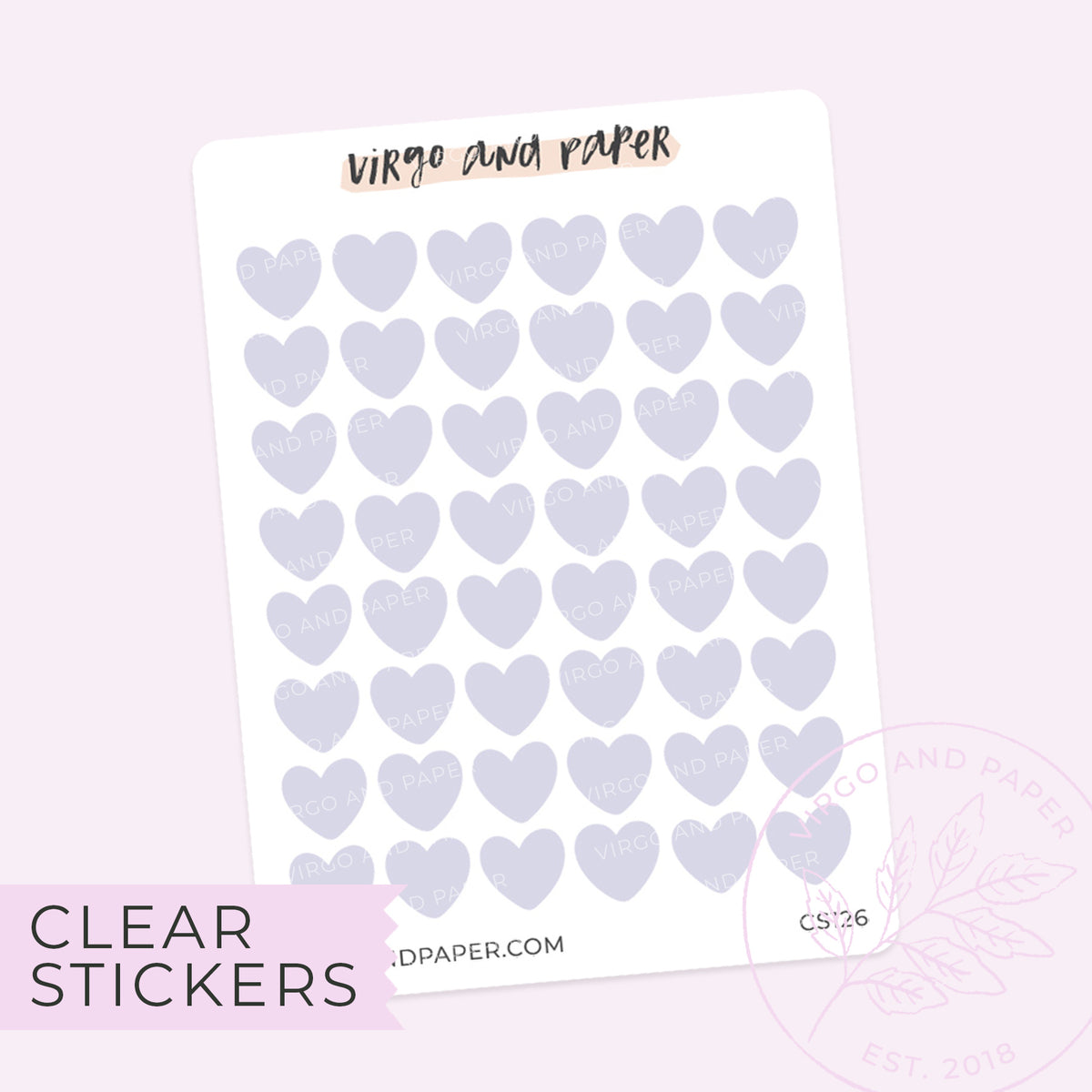Clear Heart Stickers in Lavender – Virgo and Paper