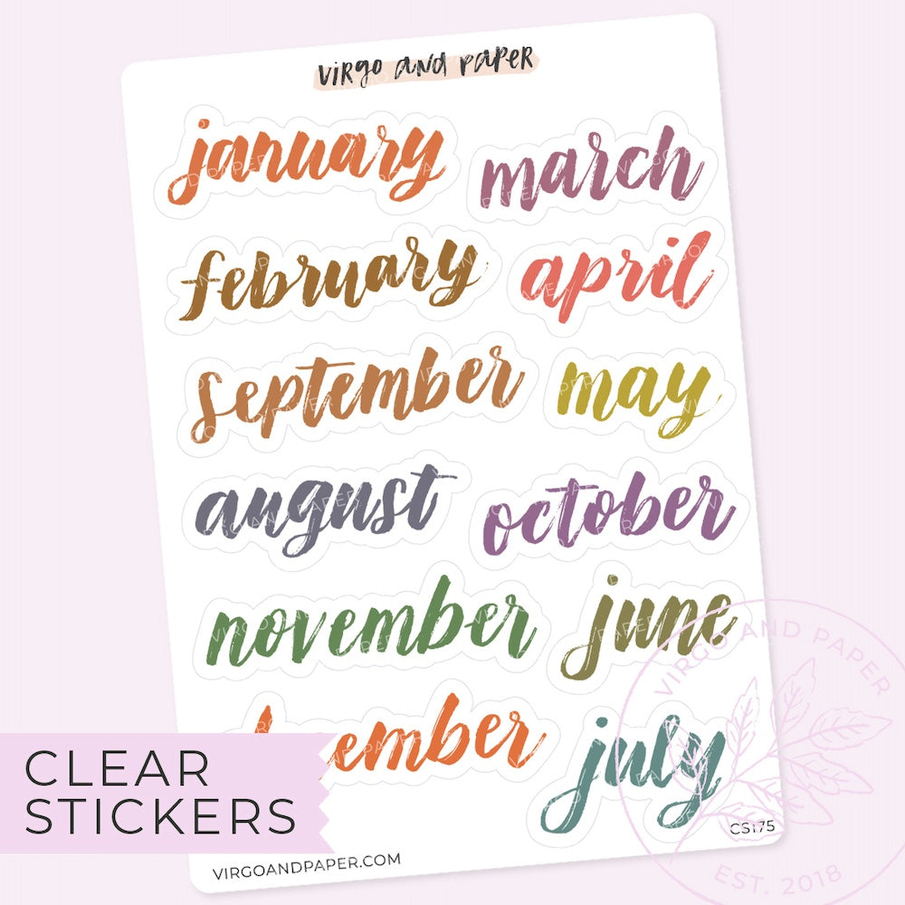 Clear January-December Hand Lettered Script Large Stickers - Hobonichi Monthly Colors