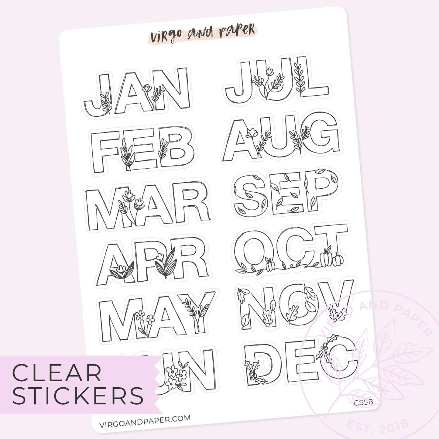 Clear Hand Drawn Floral Jan-Dec Monthly Labels