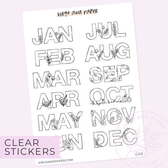 Clear Hand Drawn Floral Jan-Dec Monthly Labels
