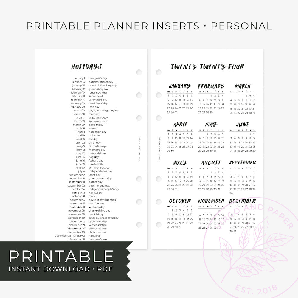 Printable Planner Insert - 2024 Calendar Overview and Holidays List [Freebie!]
