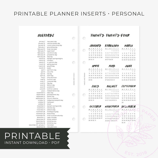 Printable Planner Insert - 2024 Calendar Overview and Holidays List [Freebie!]