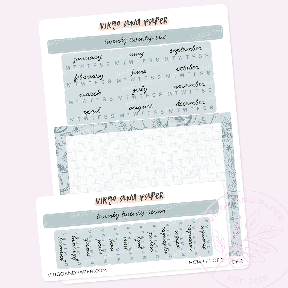 2026 H. Cousin Yearly Calendar Sticker Kit - Blue Floral