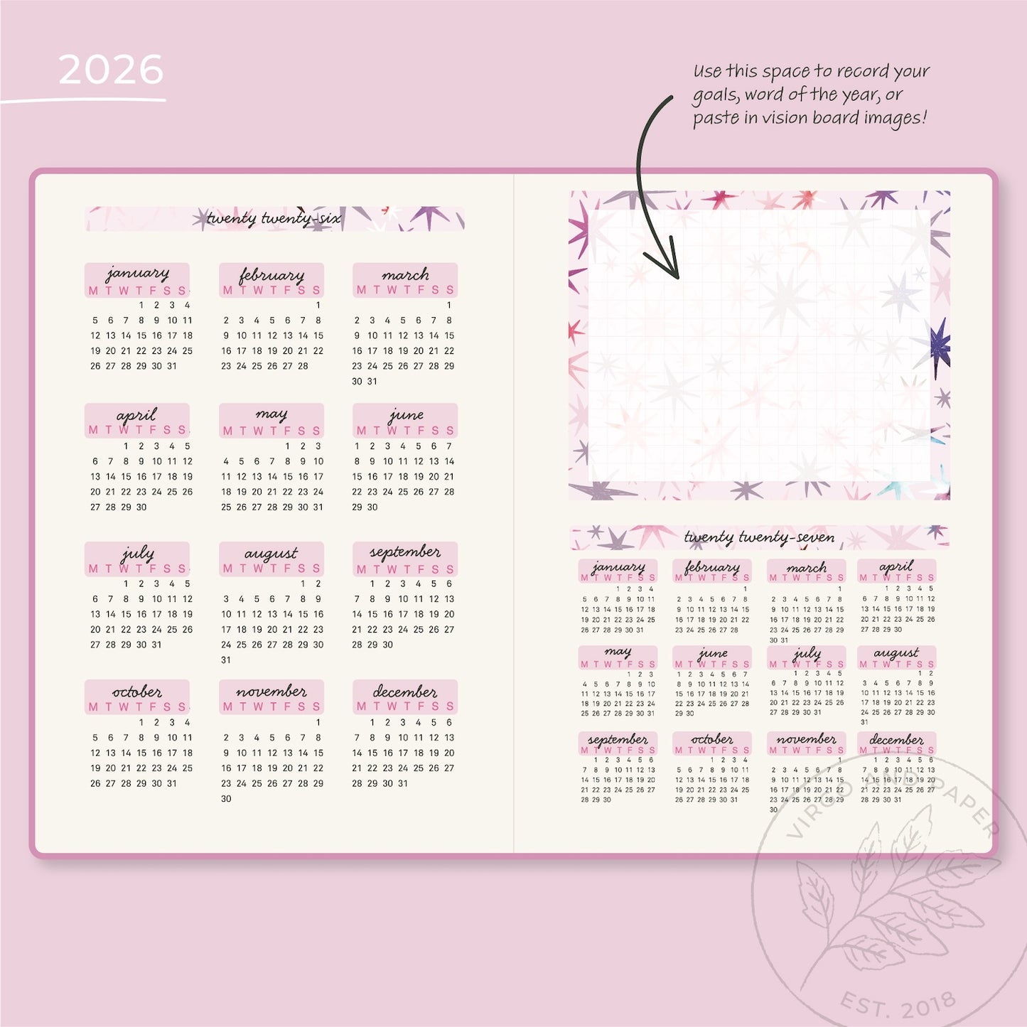 2026 H. Cousin Yearly Calendar Sticker Kit - Envision Pink Stars
