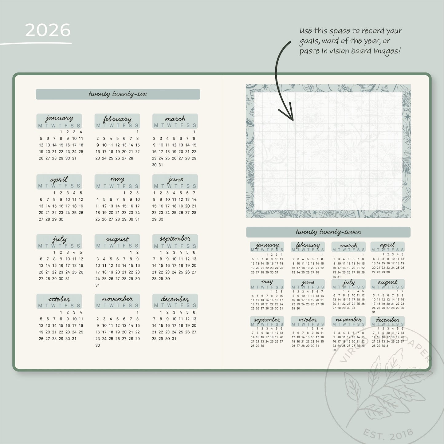 2026 H. Cousin Yearly Calendar Sticker Kit - Blue Floral