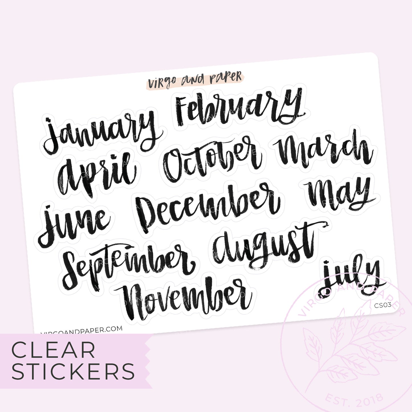 Clear Jan-Dec Months of the Year Brush Lettered Labels