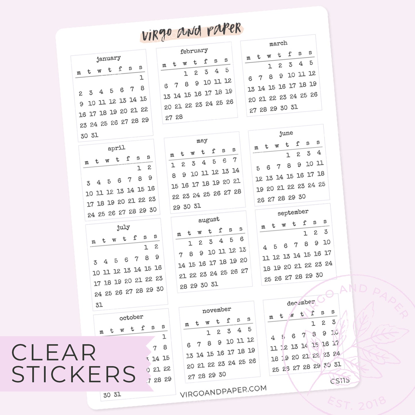 Clear Calendar Stickers Jan-Dec 2023