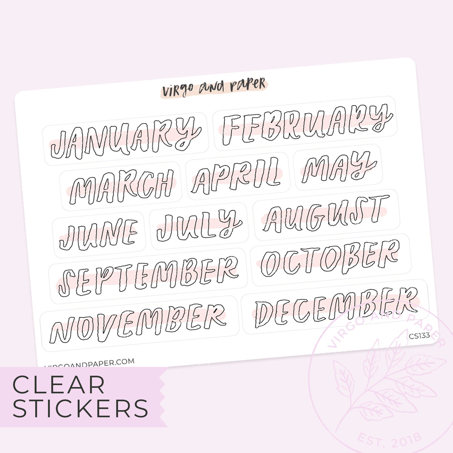 Clear Jan-Dec Months of the Year Bold Brush Lettered Labels in Pink ...