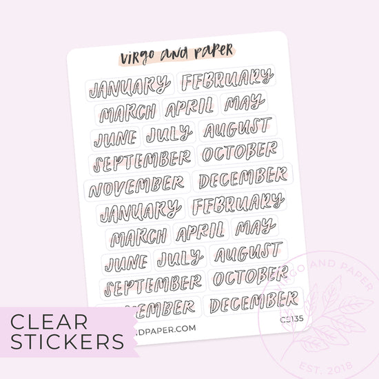 Mini Clear Jan-Dec Months of the Year Bold Brush Lettered Labels in Pink