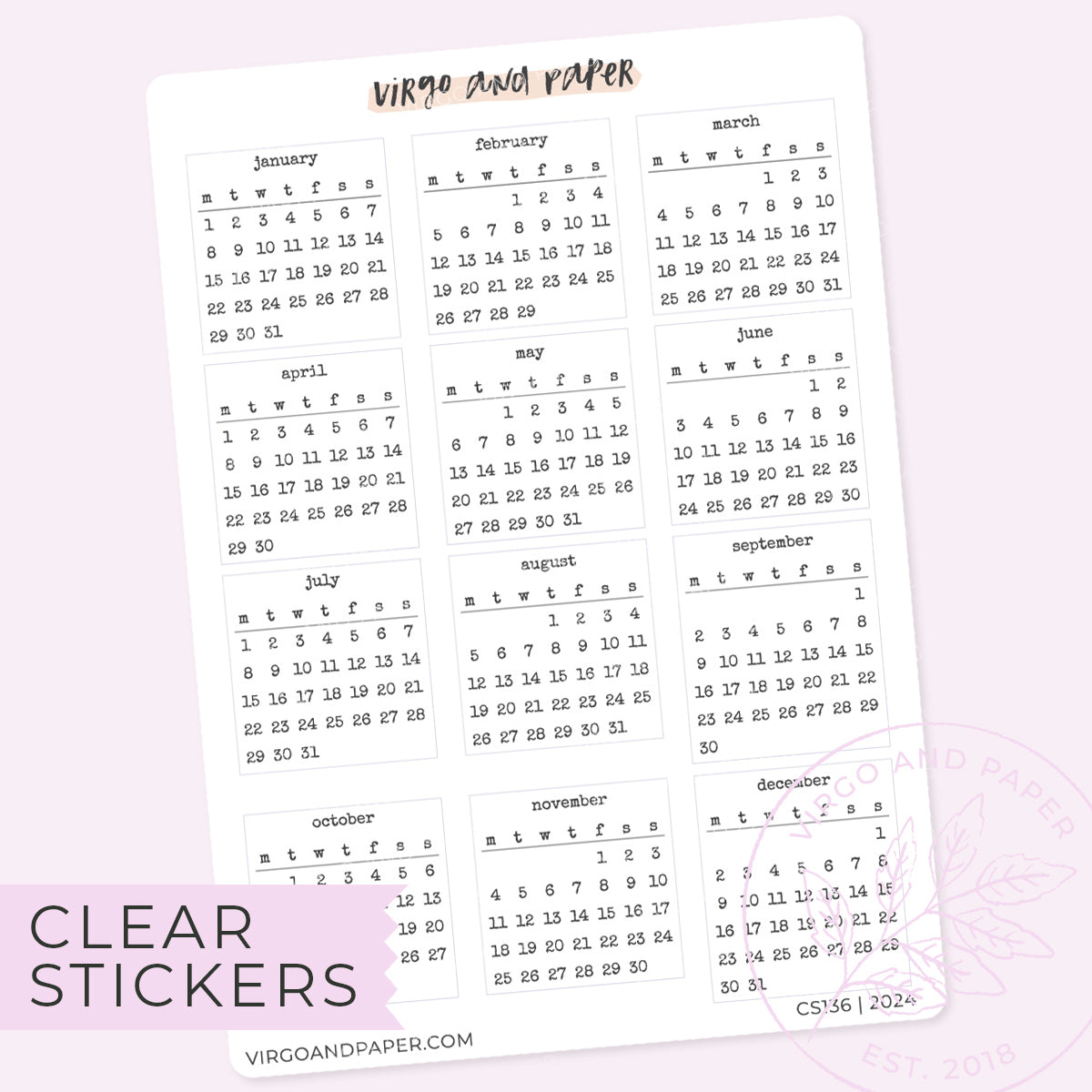 Clear Calendar Stickers Jan-Dec 2024