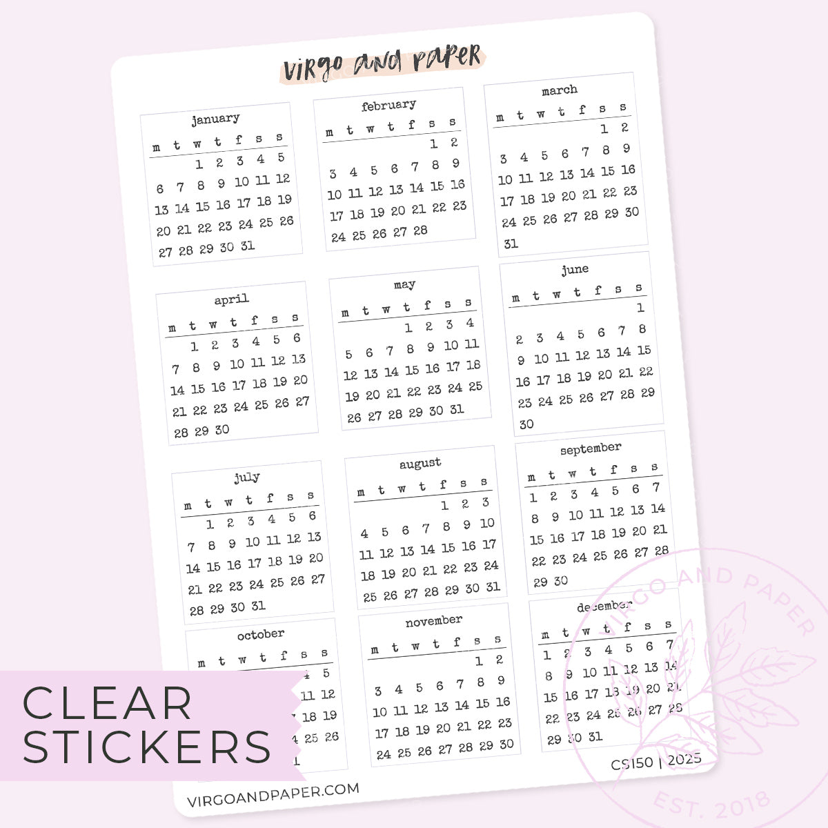 Clear Calendar Stickers JanDec 2025 Virgo and Paper