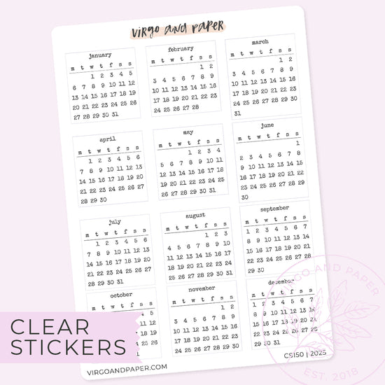 Clear Calendar Stickers Jan-Dec 2025