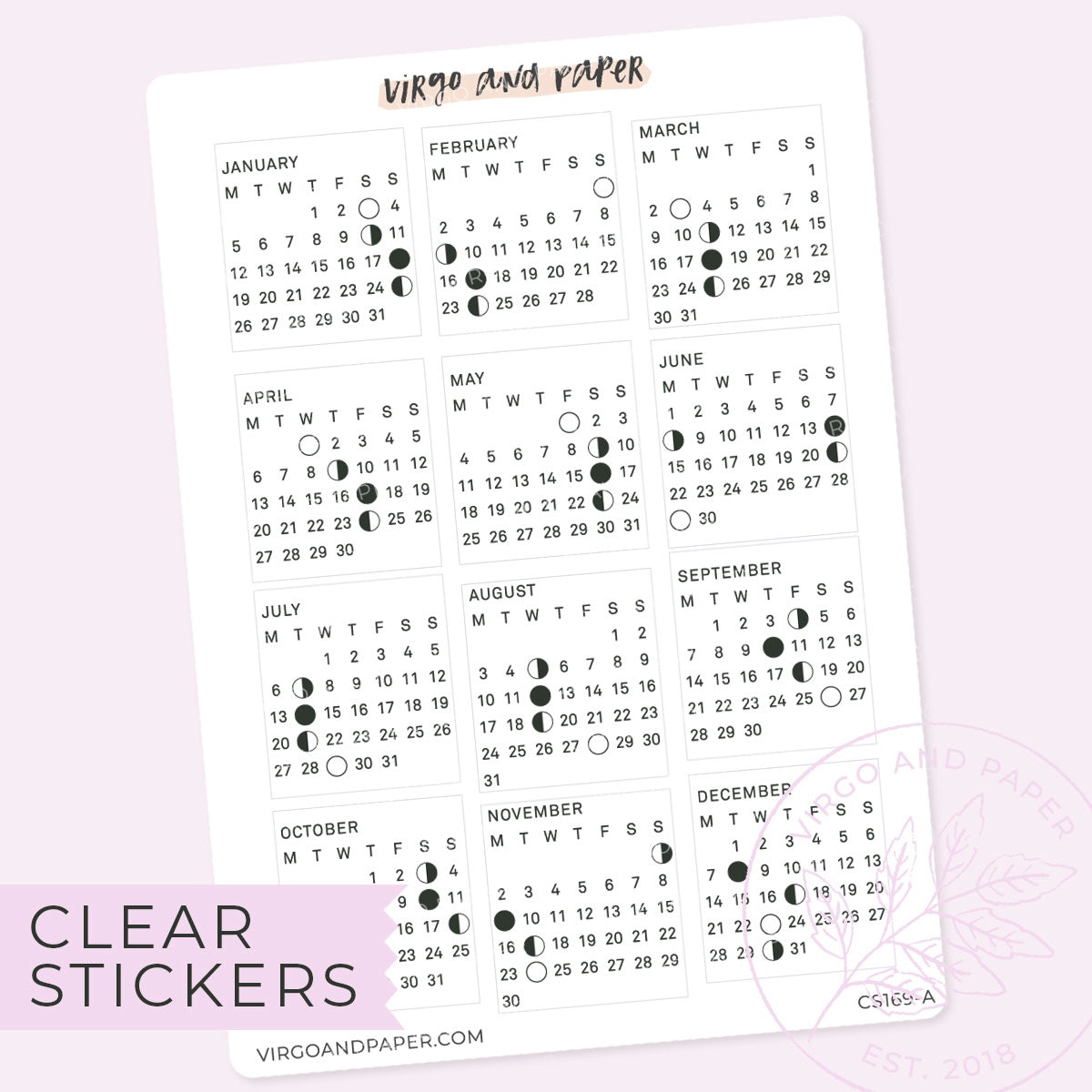 Clear Calendar Stickers January-December 2026
