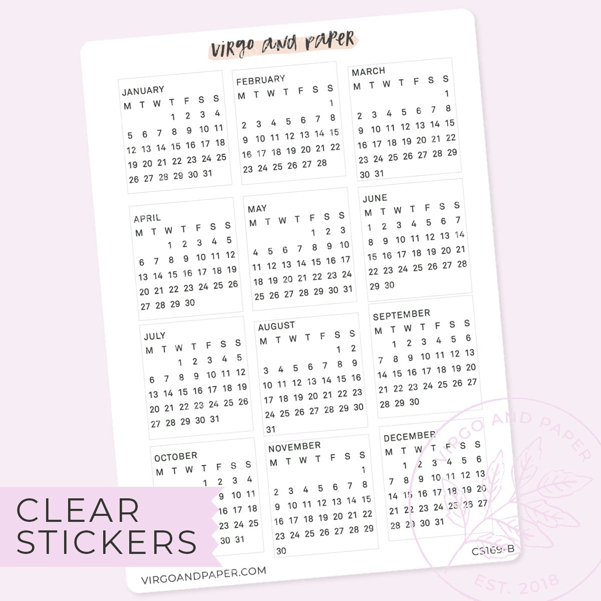 Clear Calendar Stickers January-December 2026