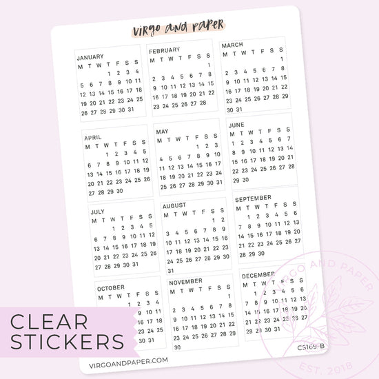 Clear Calendar Stickers January-December 2026