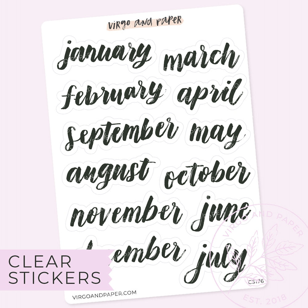 Clear January-December Hand Lettered Script Large Stickers