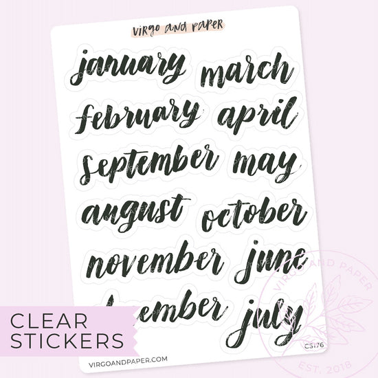 Clear January-December Hand Lettered Script Large Stickers