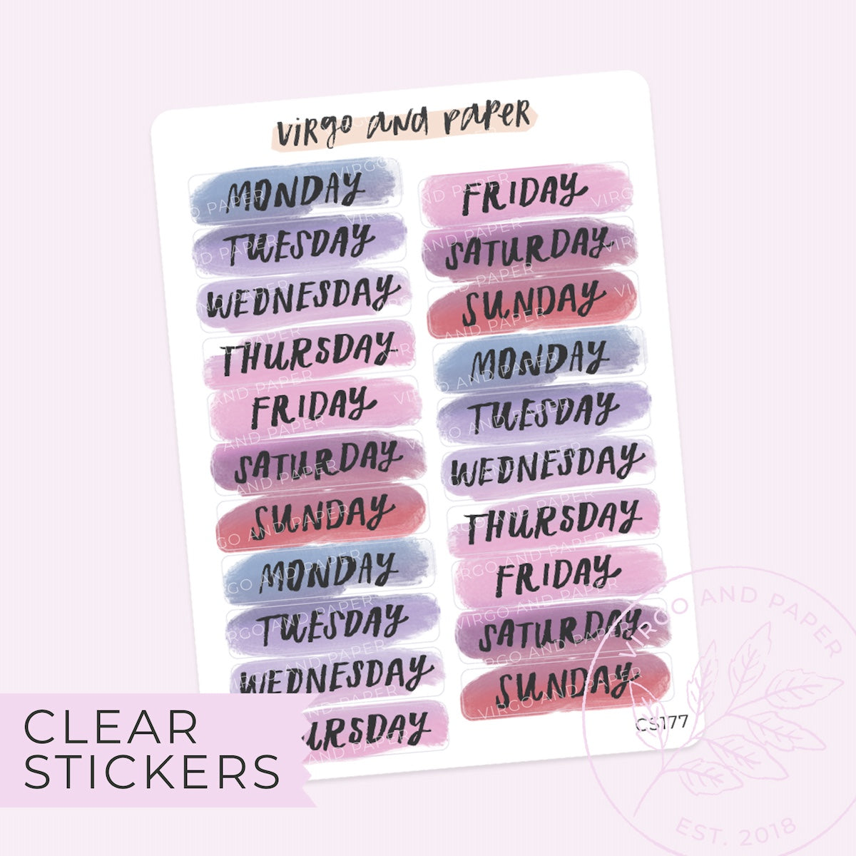 Clear Mini Monday-Sunday Days of the Week Bold Brush Lettered Labels - Lilac Watercolor