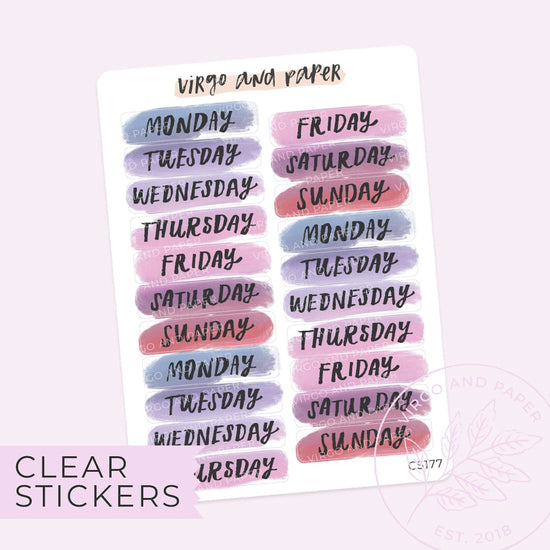 Clear Mini Monday-Sunday Days of the Week Bold Brush Lettered Labels - Lilac Watercolor
