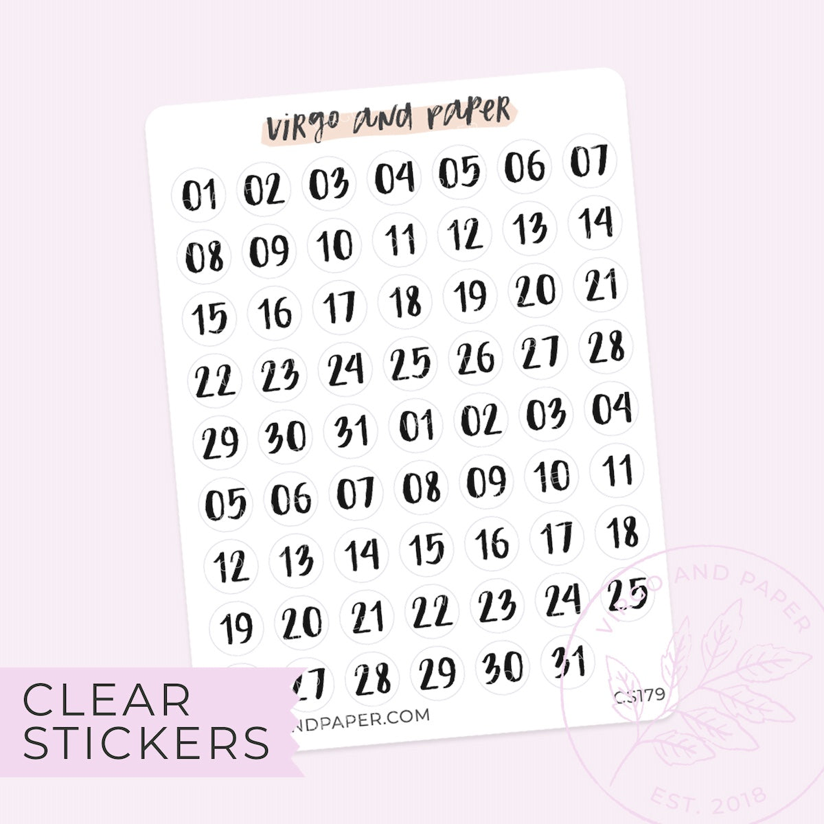 Clear Numbers 1-31 Bold Brush Lettered Planner Stickers