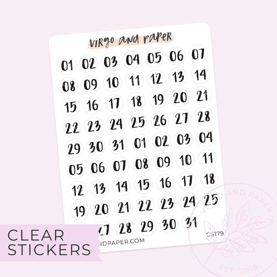 Clear Numbers 1-31 Bold Brush Lettered Planner Stickers