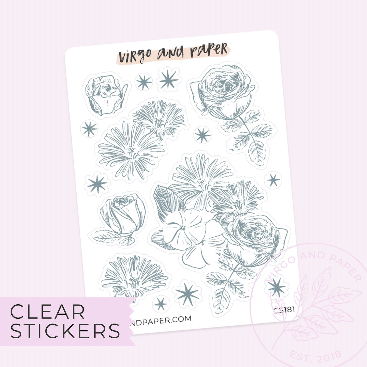 Clear Decorative Blue Floral Journaling Sticker Sheet
