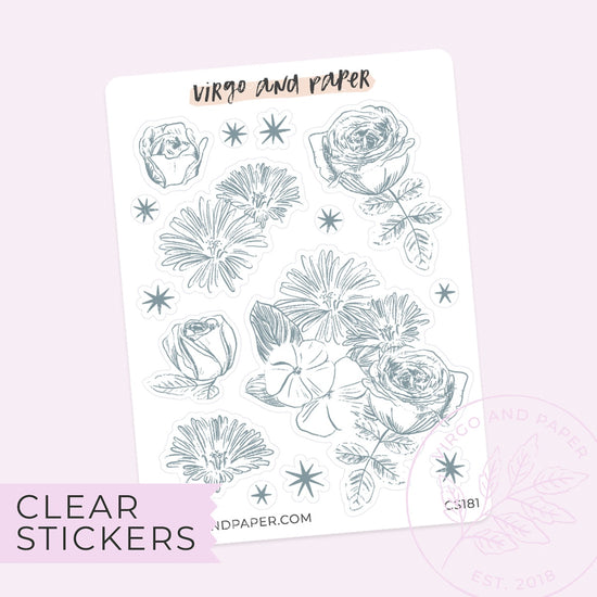 Clear Decorative Blue Floral Journaling Sticker Sheet