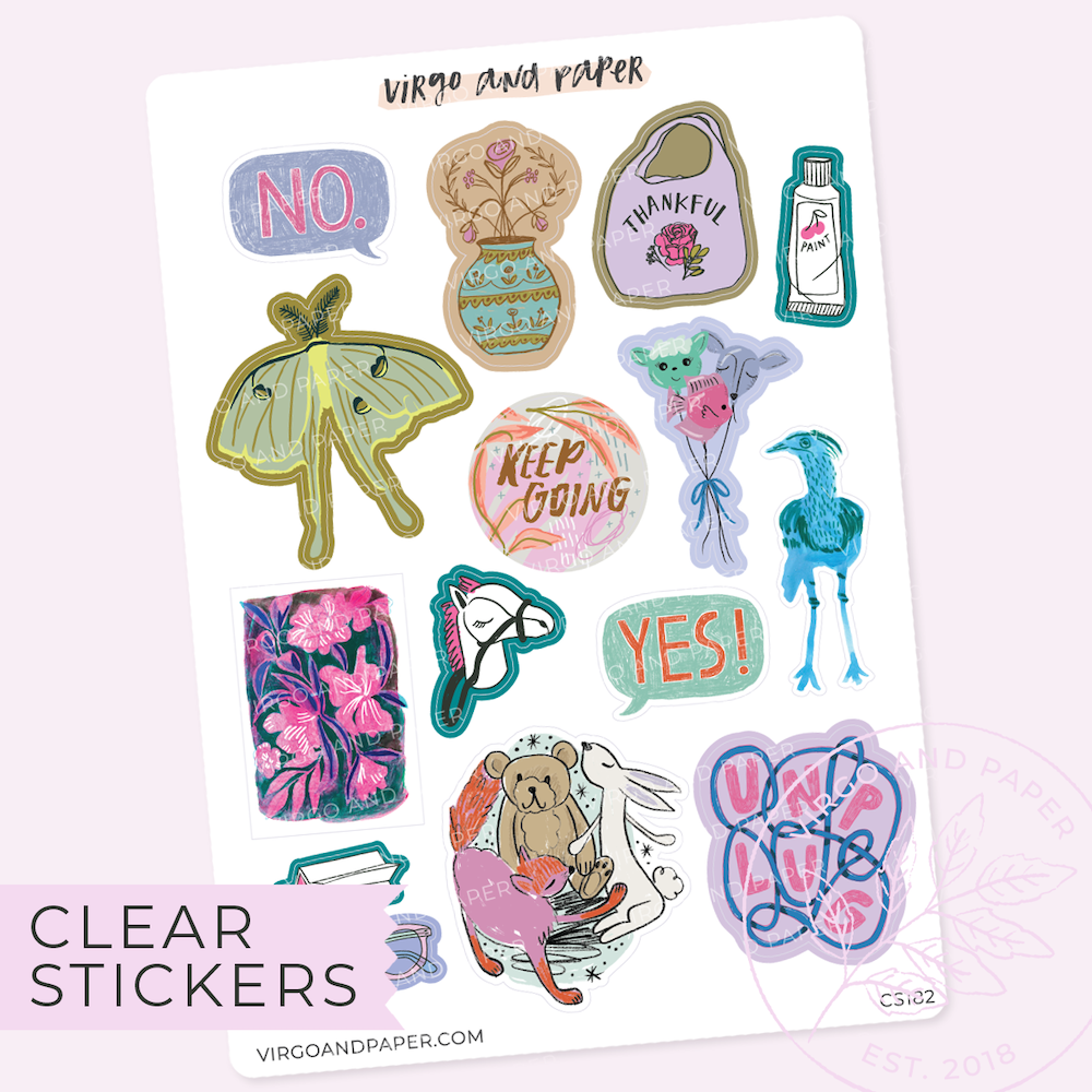 Hand Drawn Fun & Floral Decorative Journaling Stickers - Clear or Matte