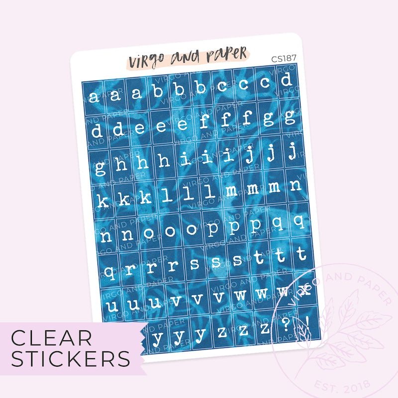 Clear Typewriter Alphabet Stickers - Blue Cyanotype
