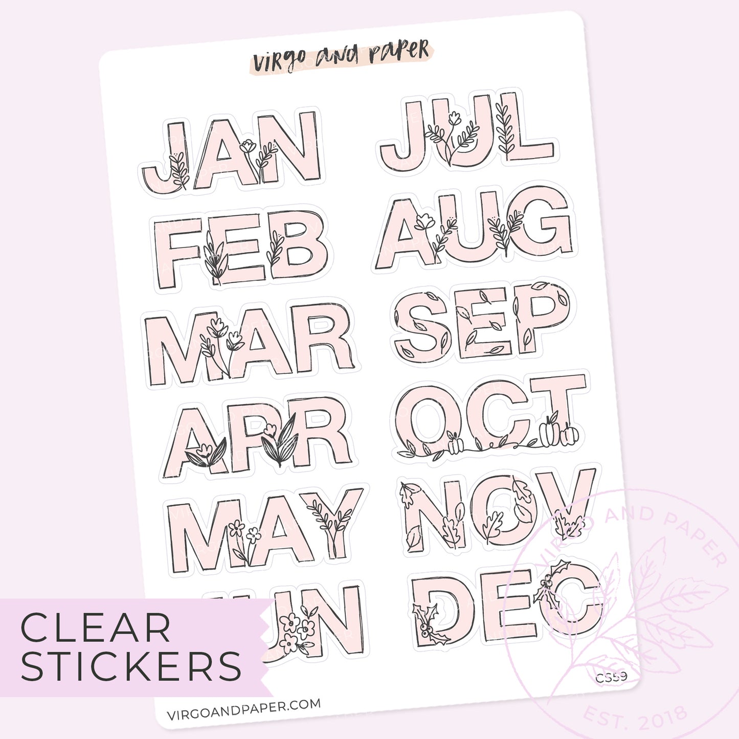 Clear Hand Drawn Floral Jan-Dec Monthly Labels in Pink