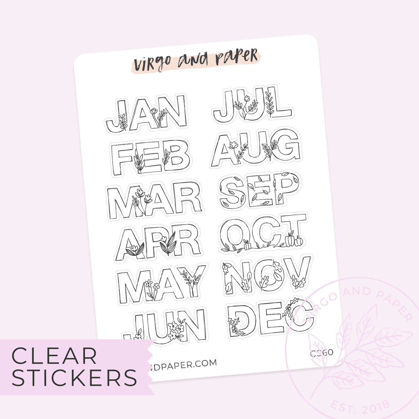 Clear Mini Hand Drawn Floral Jan-Dec Monthly Labels