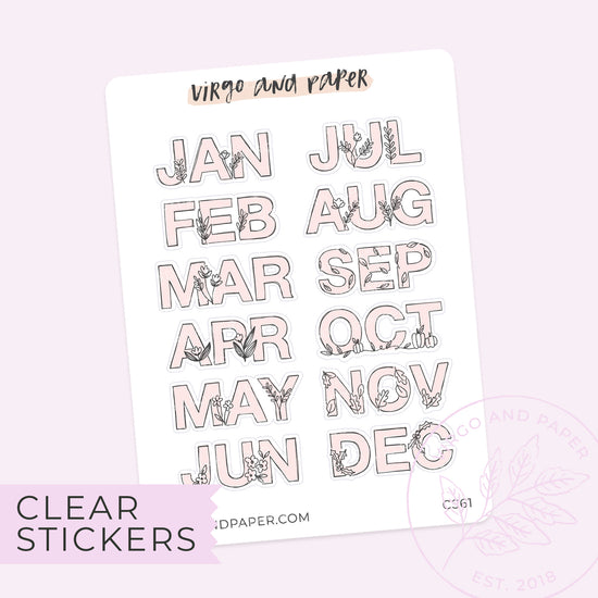 Clear Mini Hand Drawn Floral Jan-Dec Monthly Labels in Pink