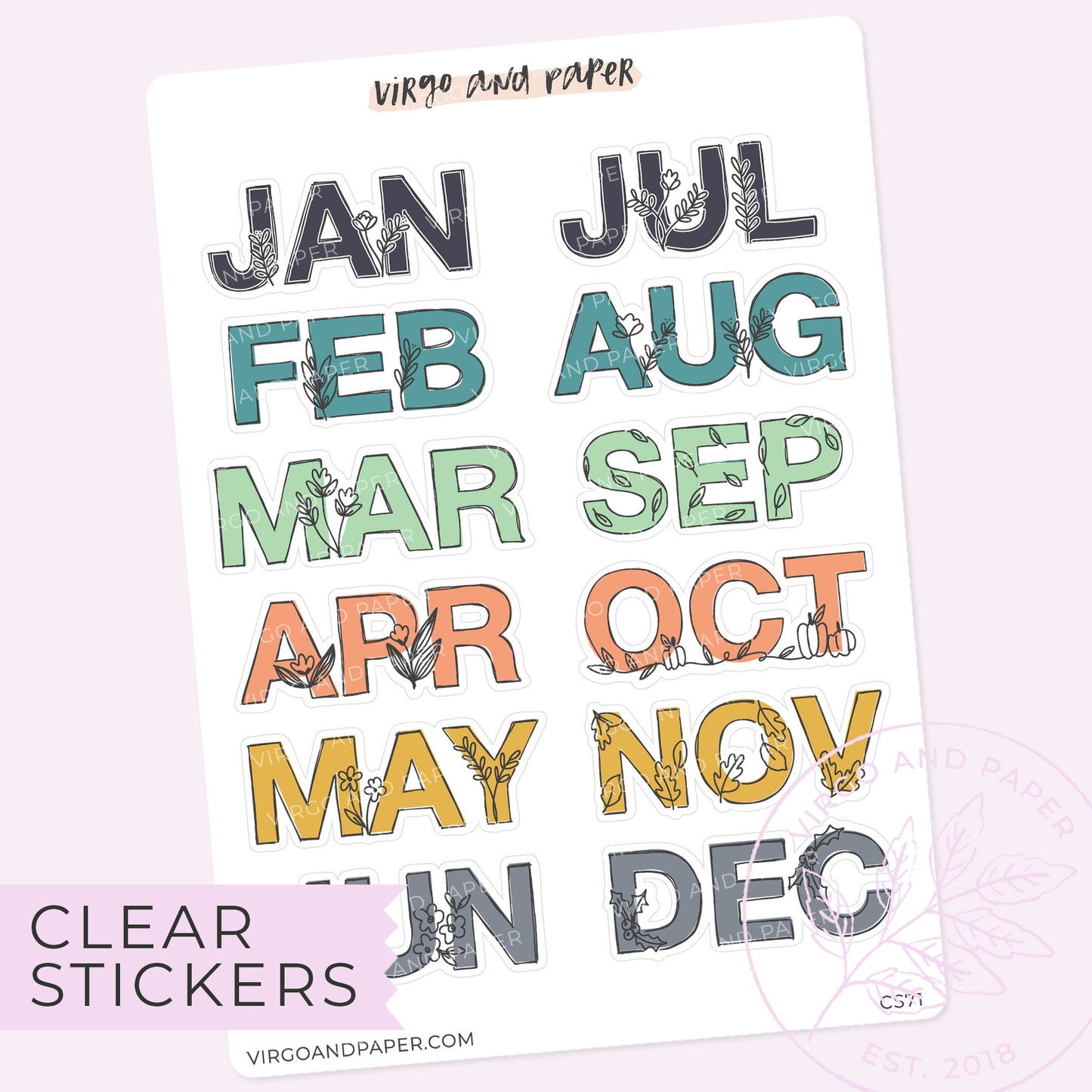 Clear Hand Drawn Floral Jan-Dec Monthly Labels - Beach Color Scheme