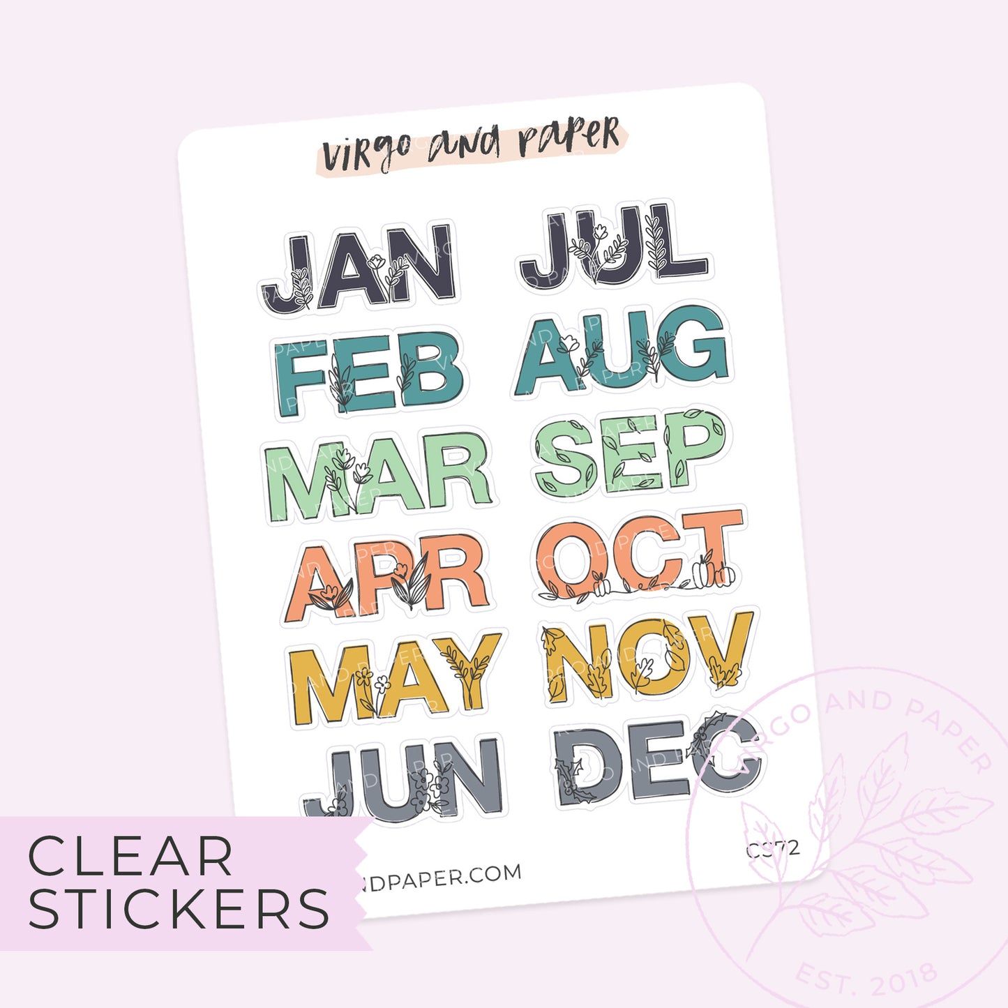 Load image into Gallery viewer, Clear Mini Hand Drawn Floral Jan-Dec Monthly Labels - Beach Color Scheme
