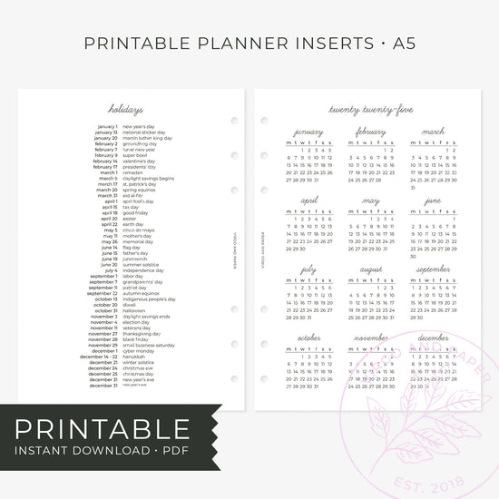 Printable Planner Insert - 2025 Calendar Overview and Holidays List [Freebie!]