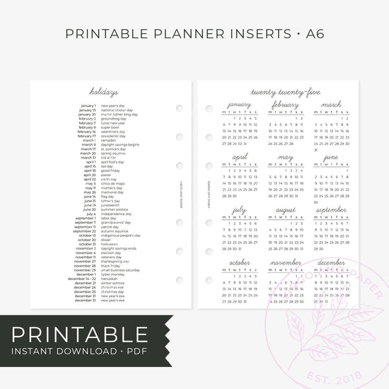 Printable Planner Insert - 2025 Calendar Overview and Holidays List [Freebie!]