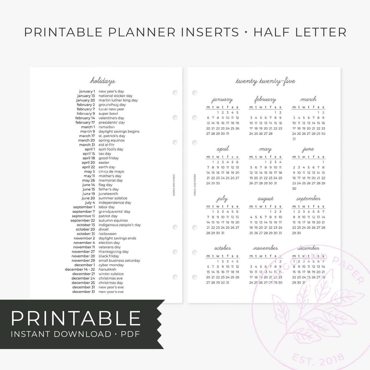 Printable Planner Insert - 2025 Calendar Overview and Holidays List [Freebie!]