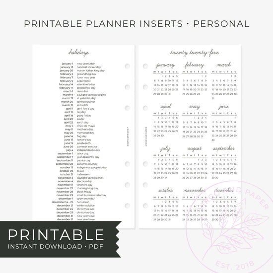 Printable Planner Insert - 2025 Calendar Overview and Holidays List [Freebie!]