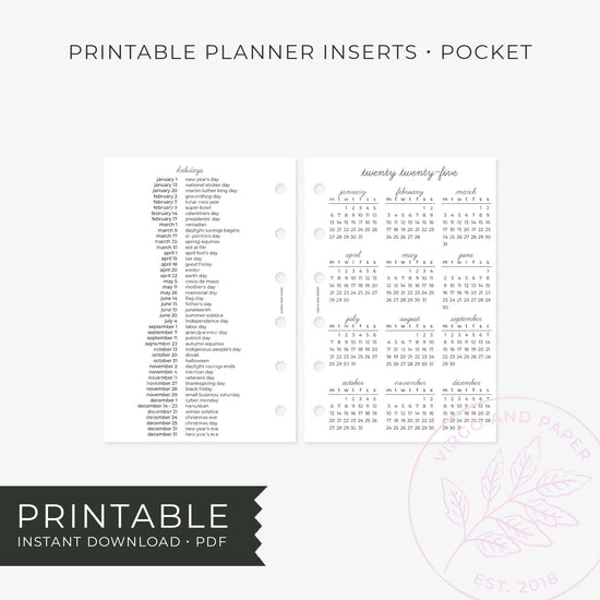 Printable Planner Insert - 2025 Calendar Overview and Holidays List [Freebie!]