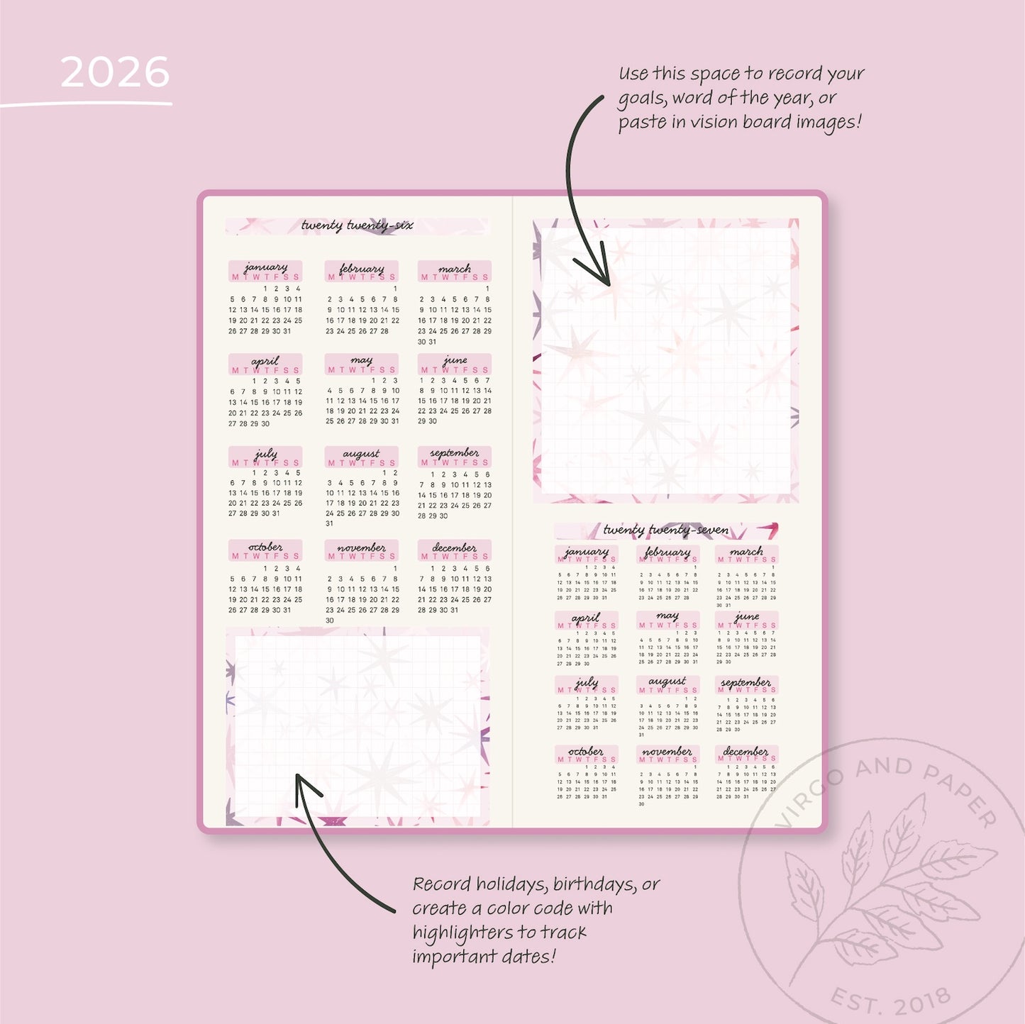 2026 H. Weeks Yearly Calendar Sticker Kit - Envision Pink Stars
