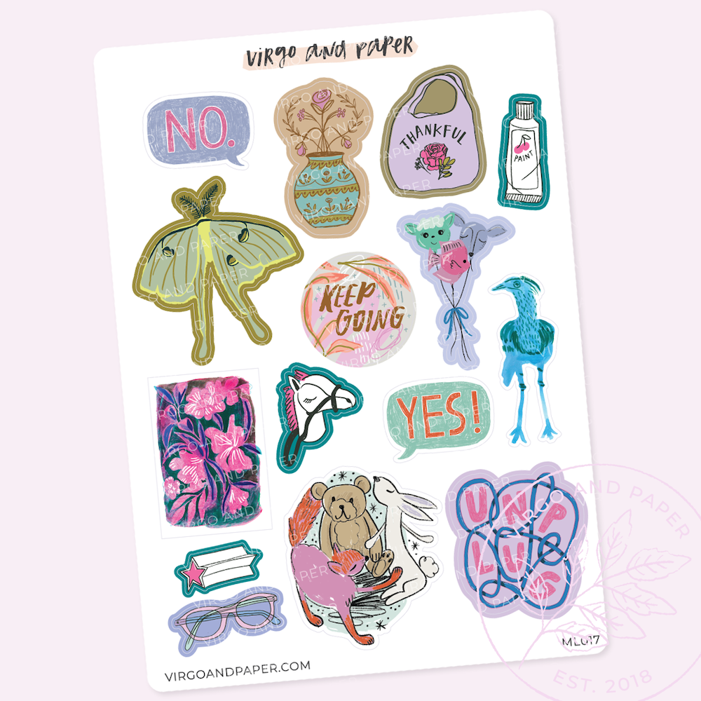 Hand Drawn Fun & Floral Decorative Journaling Stickers - Clear or Matte