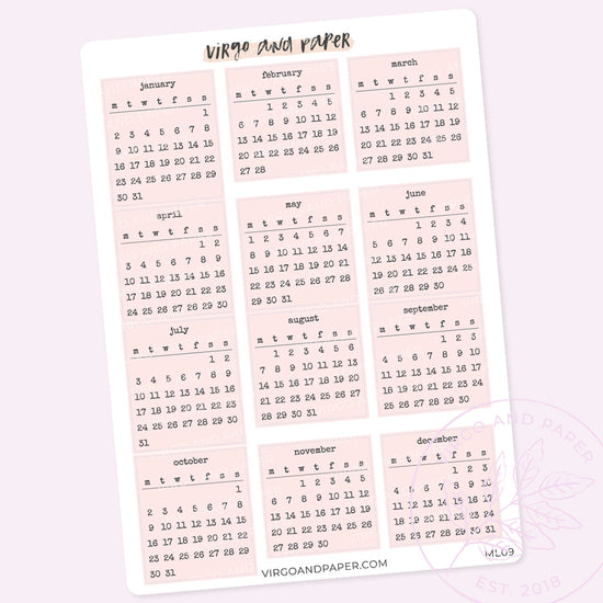 Pink Calendar Stickers Jan-Dec 2023