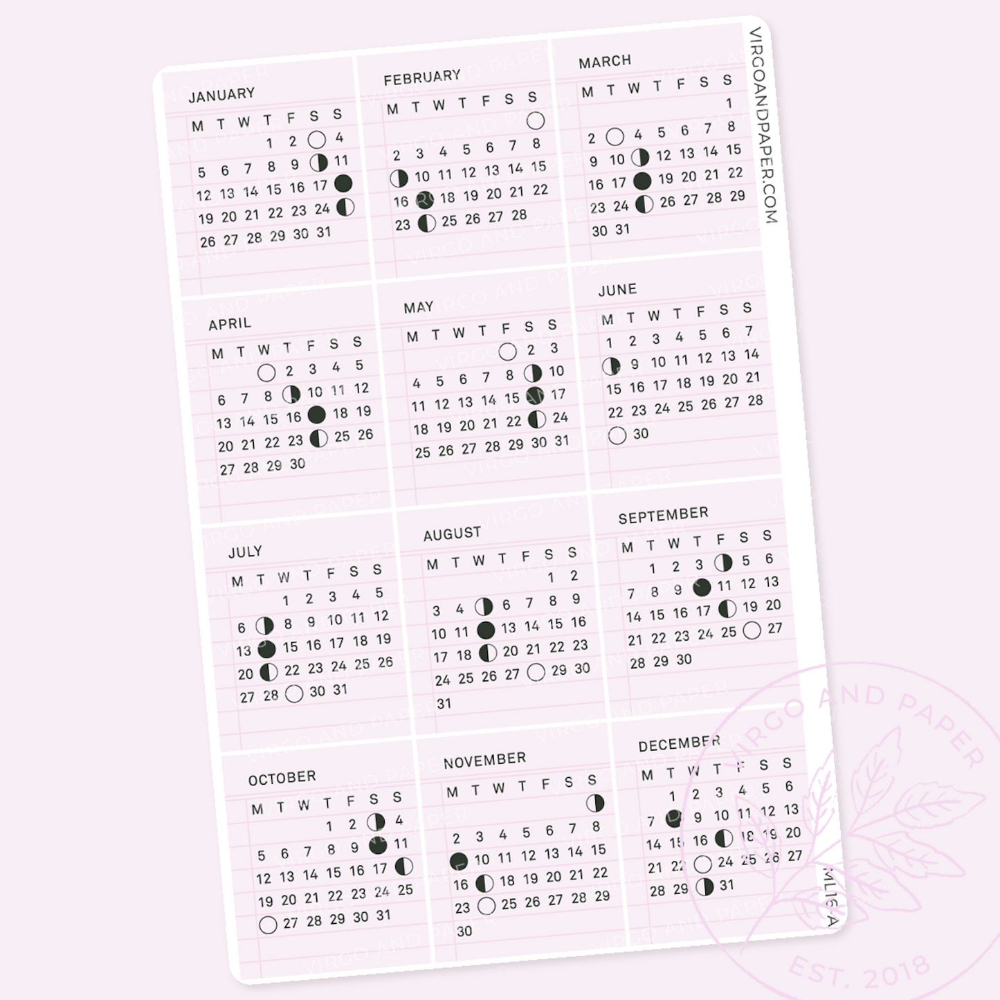 January-December 2026 Calendar Stickers