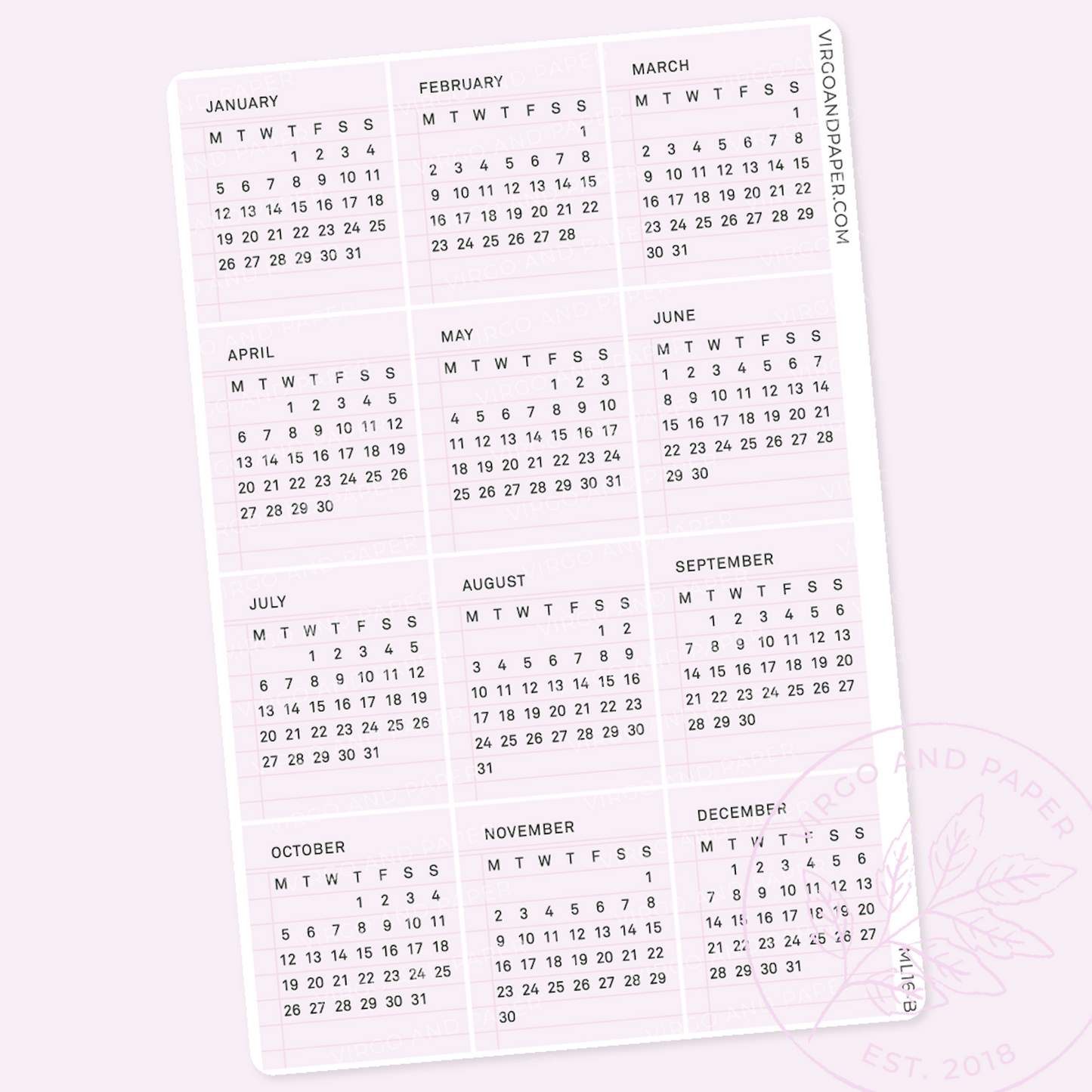 January-December 2026 Calendar Stickers