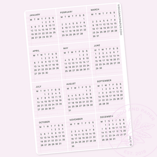 January-December 2026 Calendar Stickers