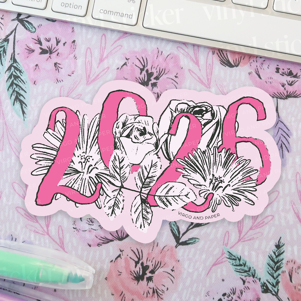 2026 Floral Die Cut Vinyl Sticker - Pink