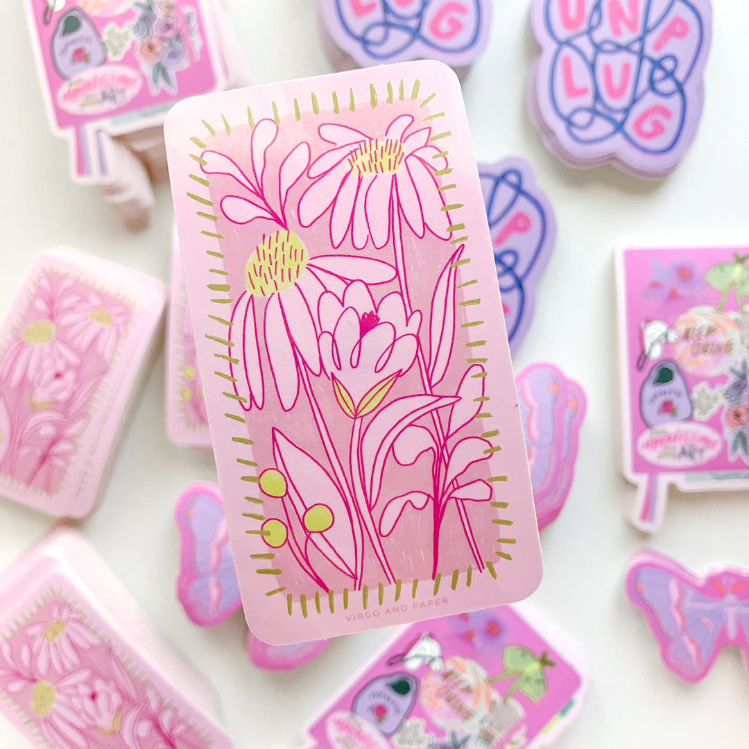 Pink & Green Flowers Rectangle Vinyl Sticker