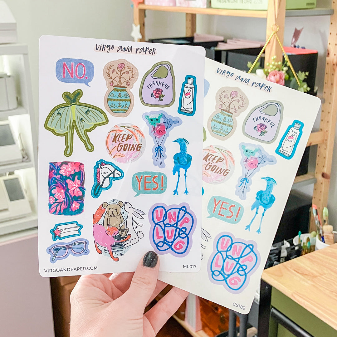 Hand Drawn Fun & Floral Decorative Journaling Stickers - Clear or Matte